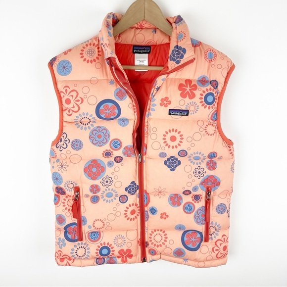 Patagonia Girls Orange Floral Puffer Vest Size XL